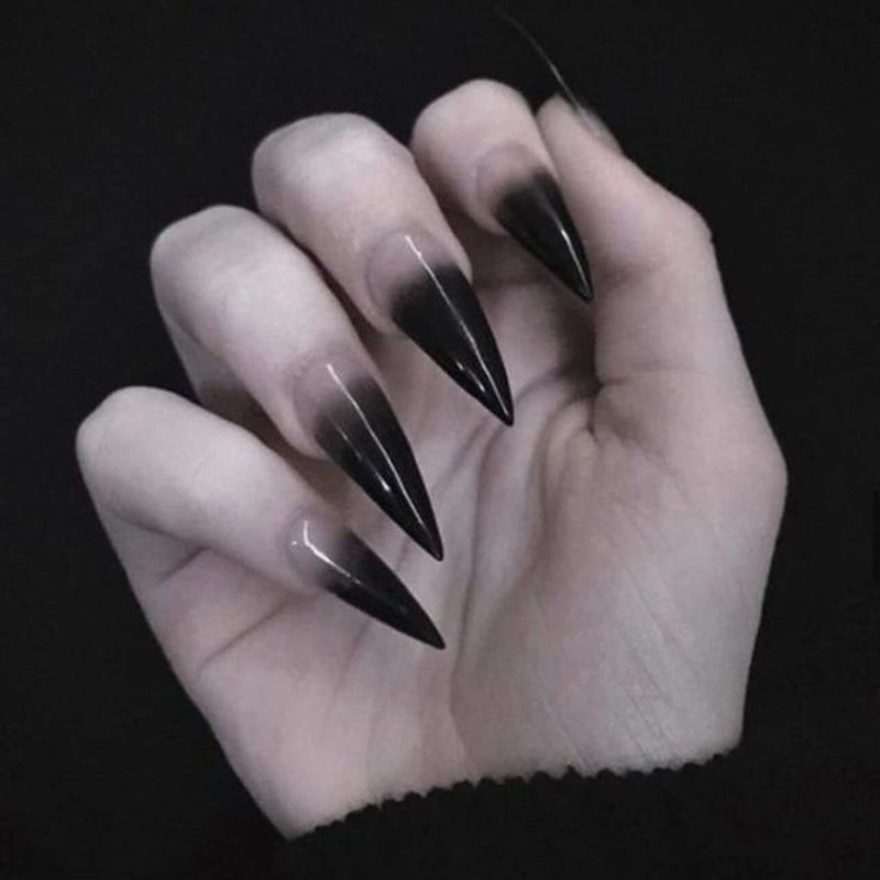SINHOT Stiletto Press on Nails Extra Long Fake Nails with Glue Glossy False Nails with Black Gradient Designs Full Cover Almond Acrylic Nail 24pcs - Image 1